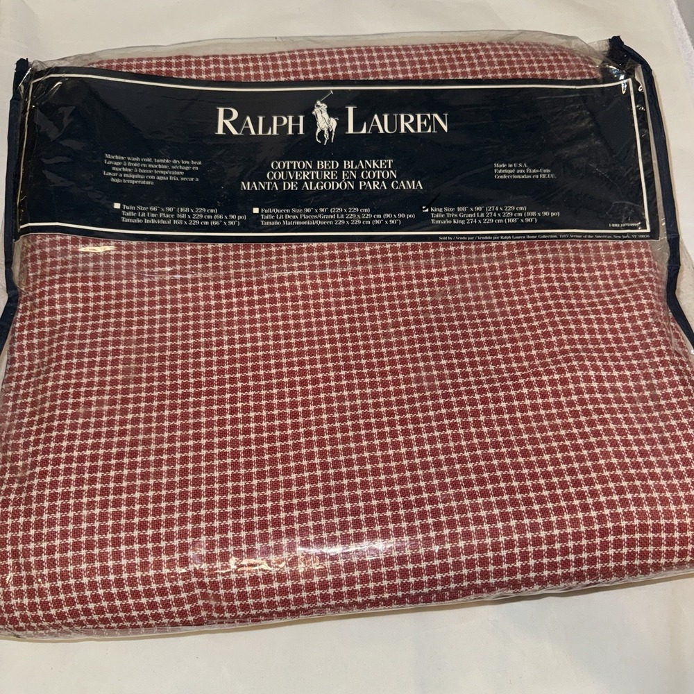 Vintage Polo Ralph Lauren Blanket Red White Gingham 100% Cotton 108x90 King New!